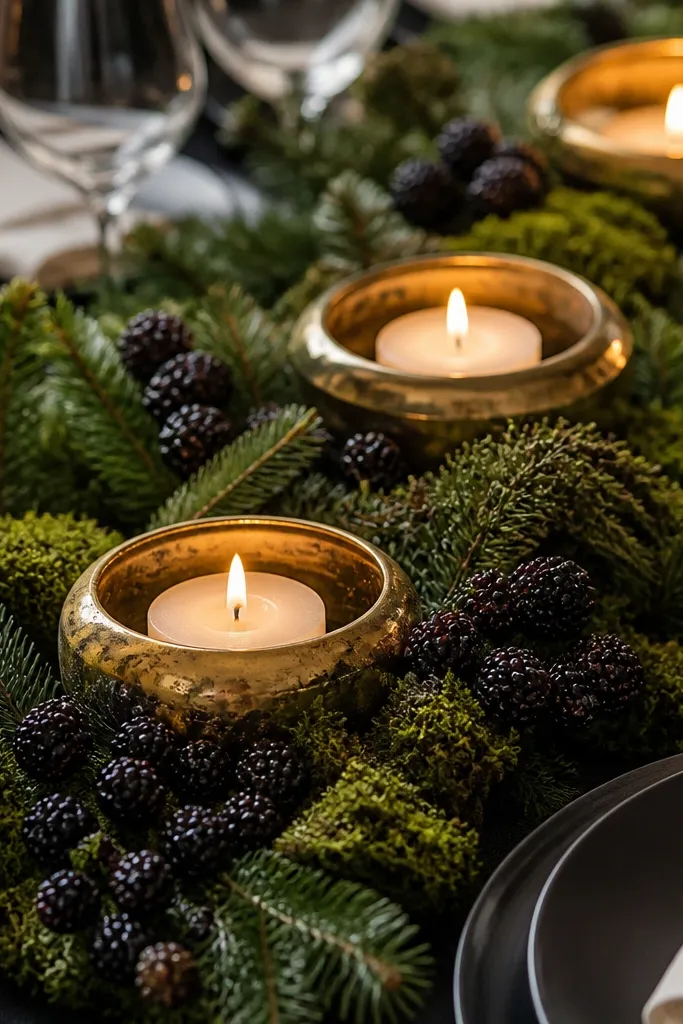 Forest green velvet table runner with wild blackberry branches and warm gold candelabras