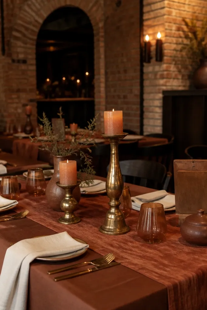 Rust brown linen napkins with cream floral arrangements and antique brass vessels