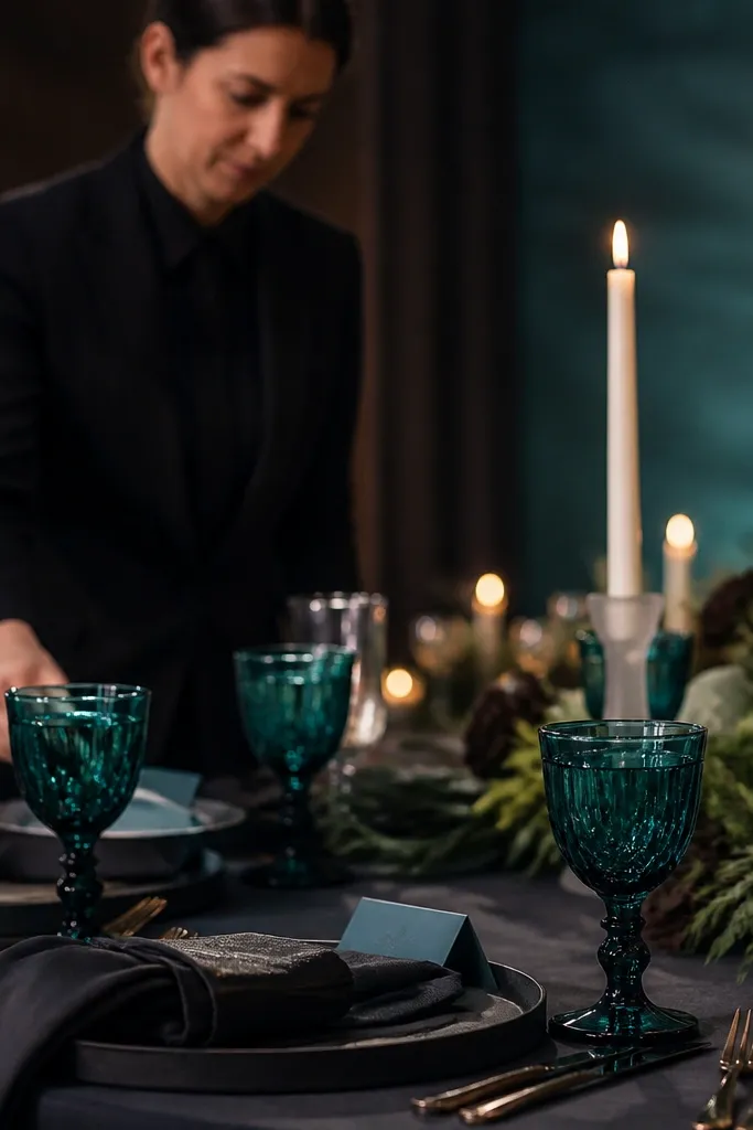 Deep teal velvet tablecloth with charcoal stoneware and pearl white floral blooms