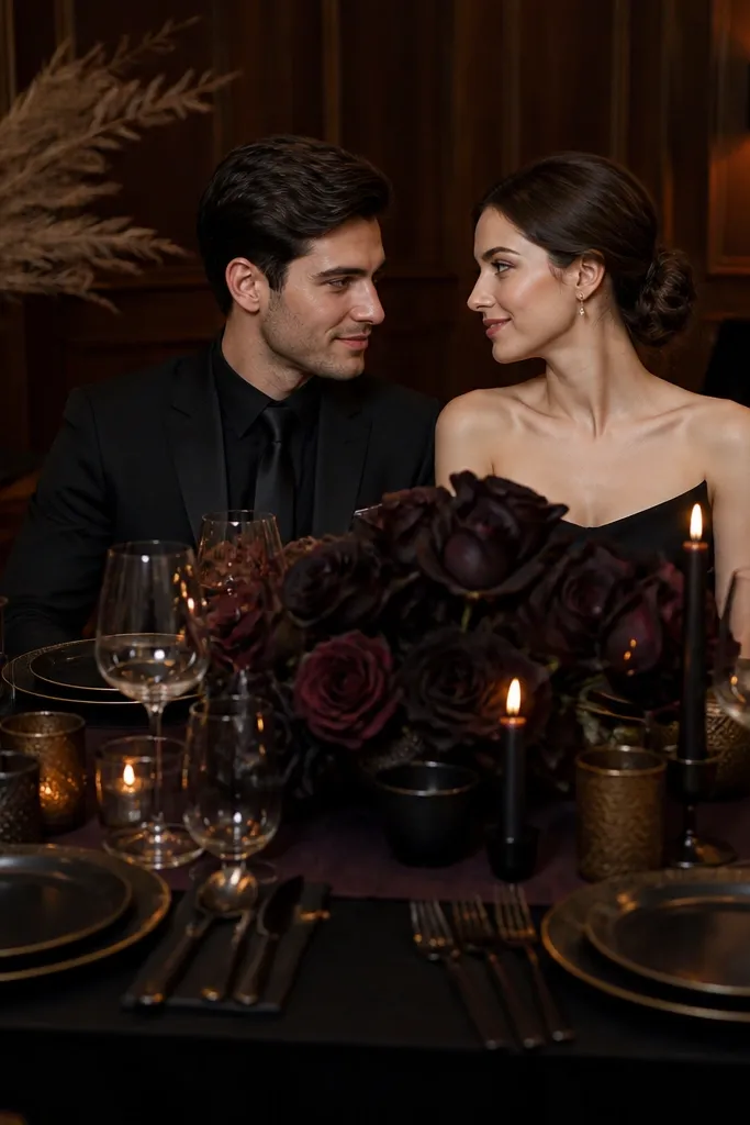 Blackened gold candle stands with espresso table runners and deep black baccara roses