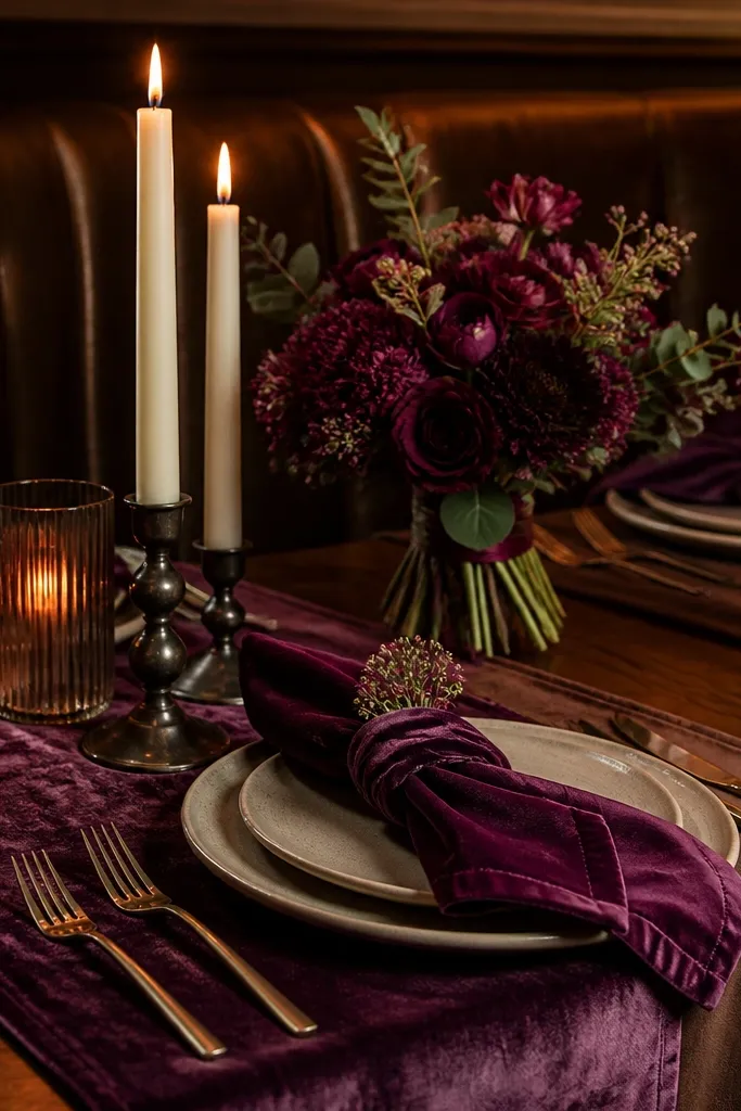 Plum velvet napkins with chocolate brown chargers and warm cream garden roses
