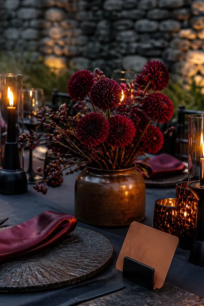 Charcoal table runners with rich burgundy flowers and burnt sugar amber glassware