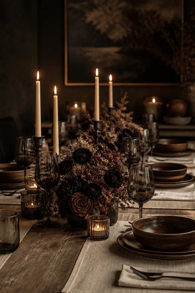 Cocoa brown table linens with black tea garden roses and rich cream candles