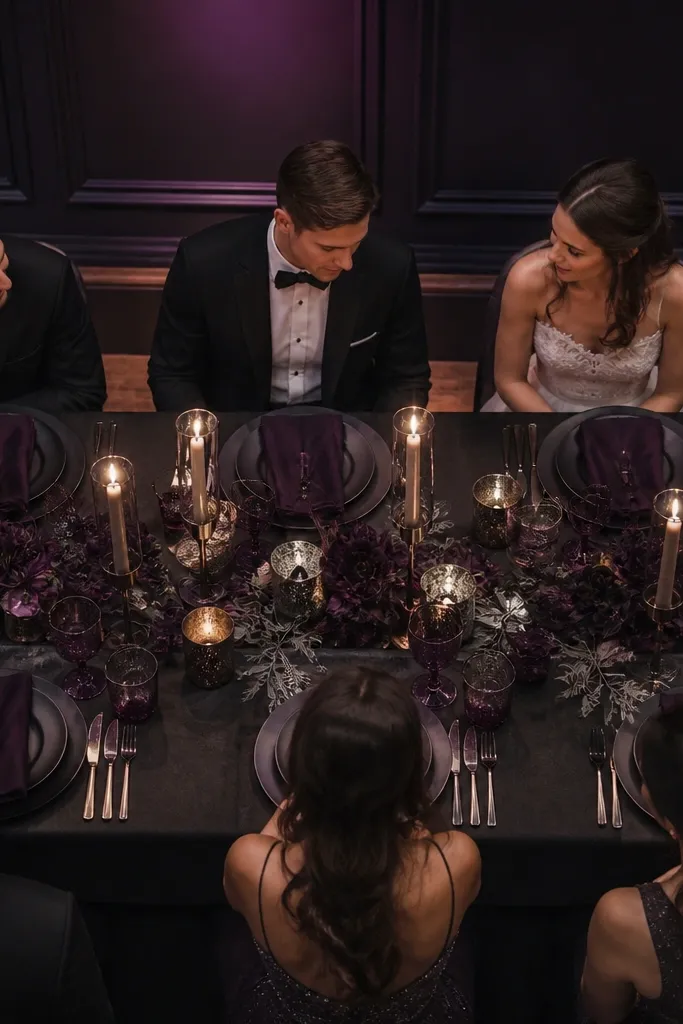 Midnight purple table decor with smoke gray linens and tarnished silver candle holders