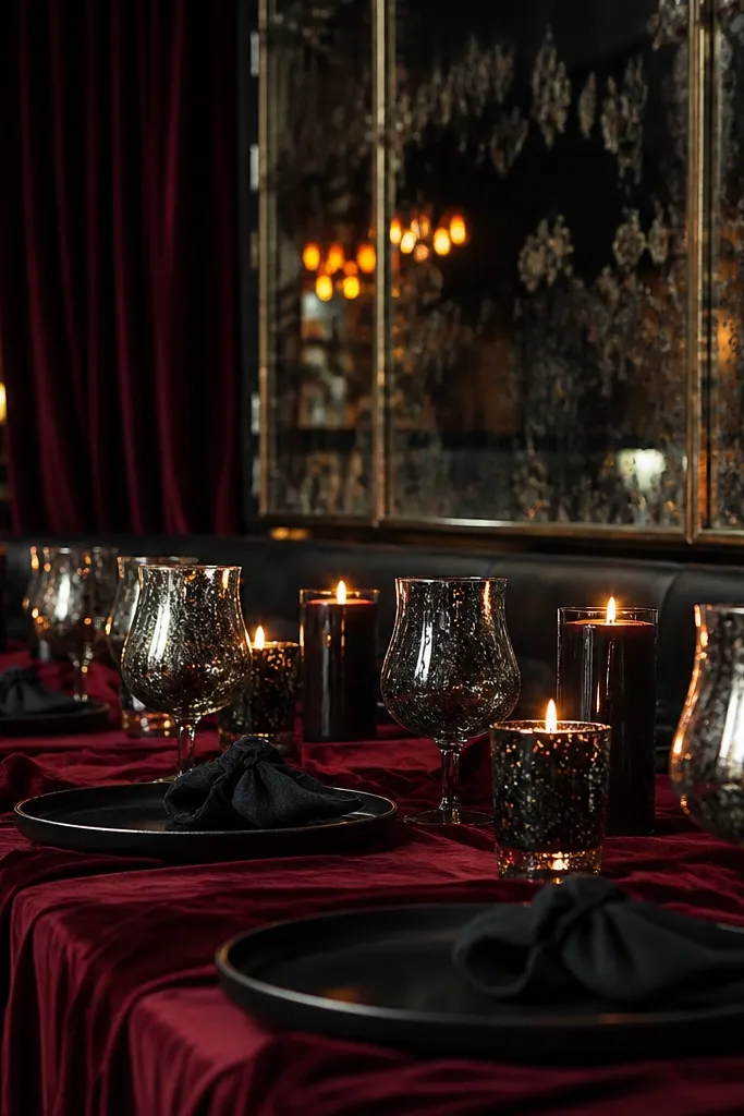 Burgundy velvet tablecloth with black chargers and smoked mirror glass details