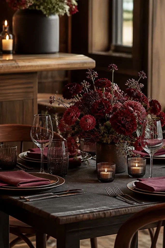 Dark rose floral arrangements on polished walnut dining tables with espresso accents