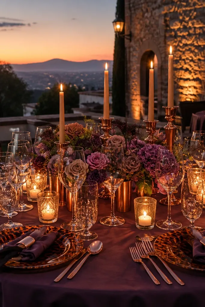Smoked fig napkins with tortoiseshell glassware and hammered copper candle trays