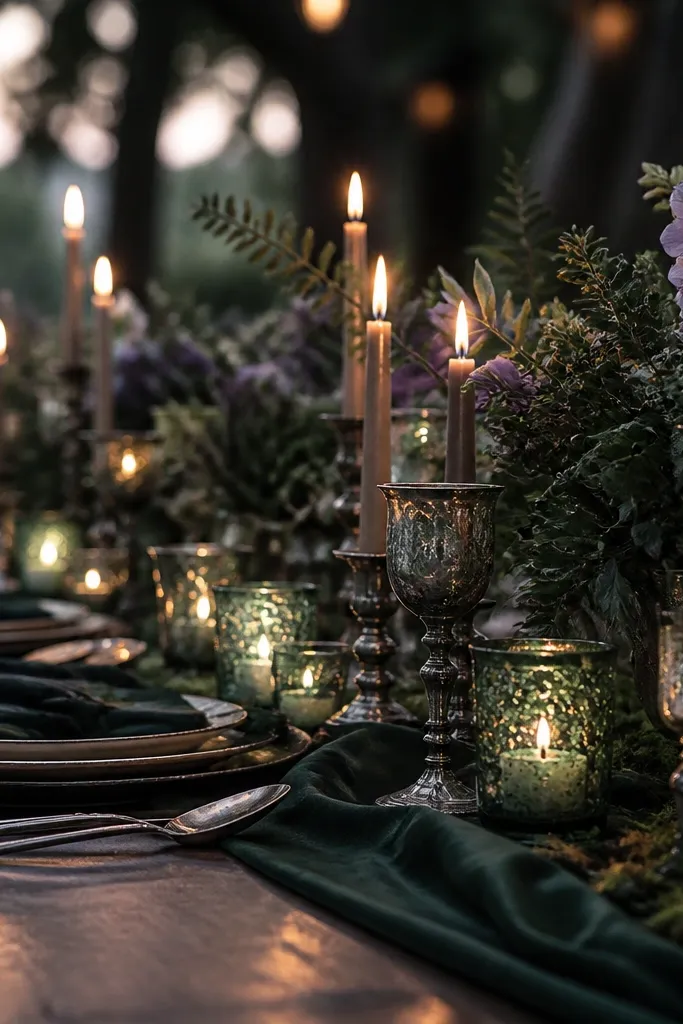 Night forest green linens with moss glass votives and aged silver candelabras