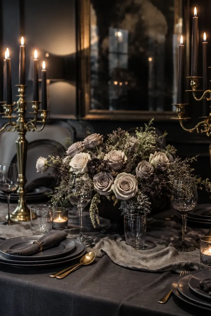 Salted charcoal linens with pearl smoke taper candles and antique brass candelabras